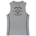 A sleeveless heather gray athletic tank top with a black 'TEDDY BLAZE STREETWEAR UNIVERSITY' graphic on the chest and light gray side panels, shown on a plain white background.