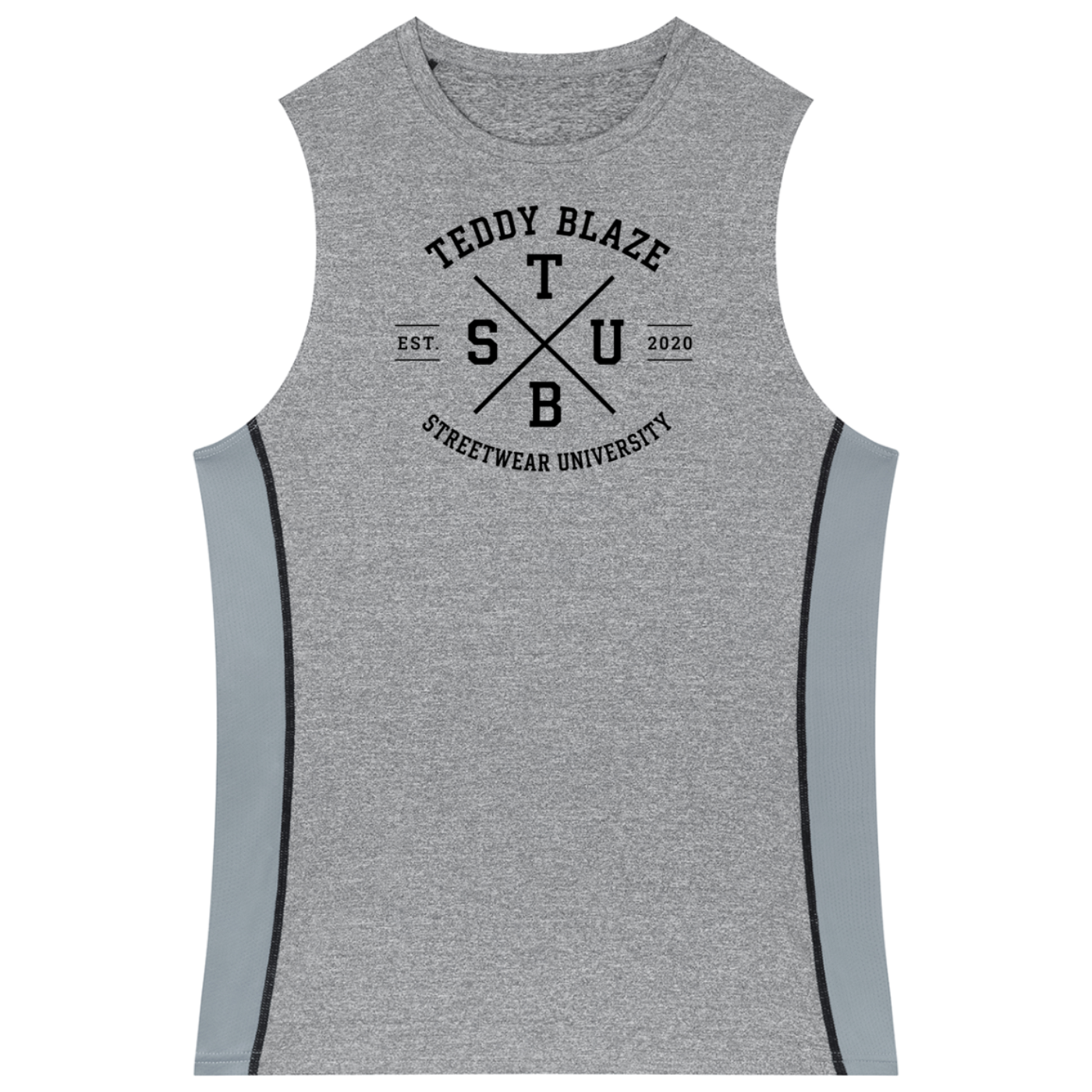 A sleeveless heather gray athletic tank top with a black 'TEDDY BLAZE STREETWEAR UNIVERSITY' graphic on the chest and light gray side panels, shown on a plain white background.
