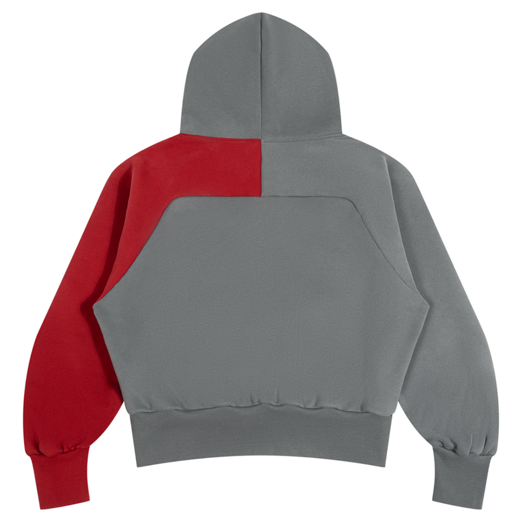 Elevate your cold-weather layers with the House of Teddy Blaze Signature Accent Sleeve Fleece Hoodie. Slate gray fleece, crimson red accent sleeve, quarter-zip, and red script logo embroidery. Shop NYC to Vegas style.