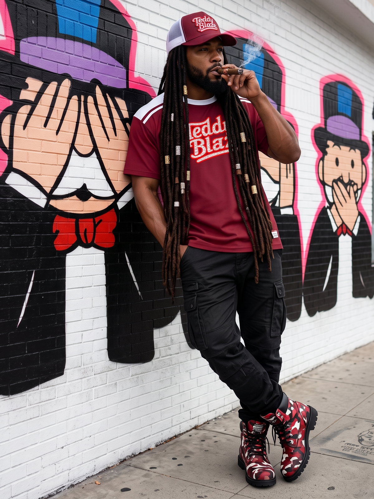 A man with long dreadlocks leans against a white brick wall with graffiti murals. He is wearing a maroon t-shirt with 'Reddy Blazer' printed on the front, black cargo pants, and red-and-black patterned boots, while holding a cigarette.