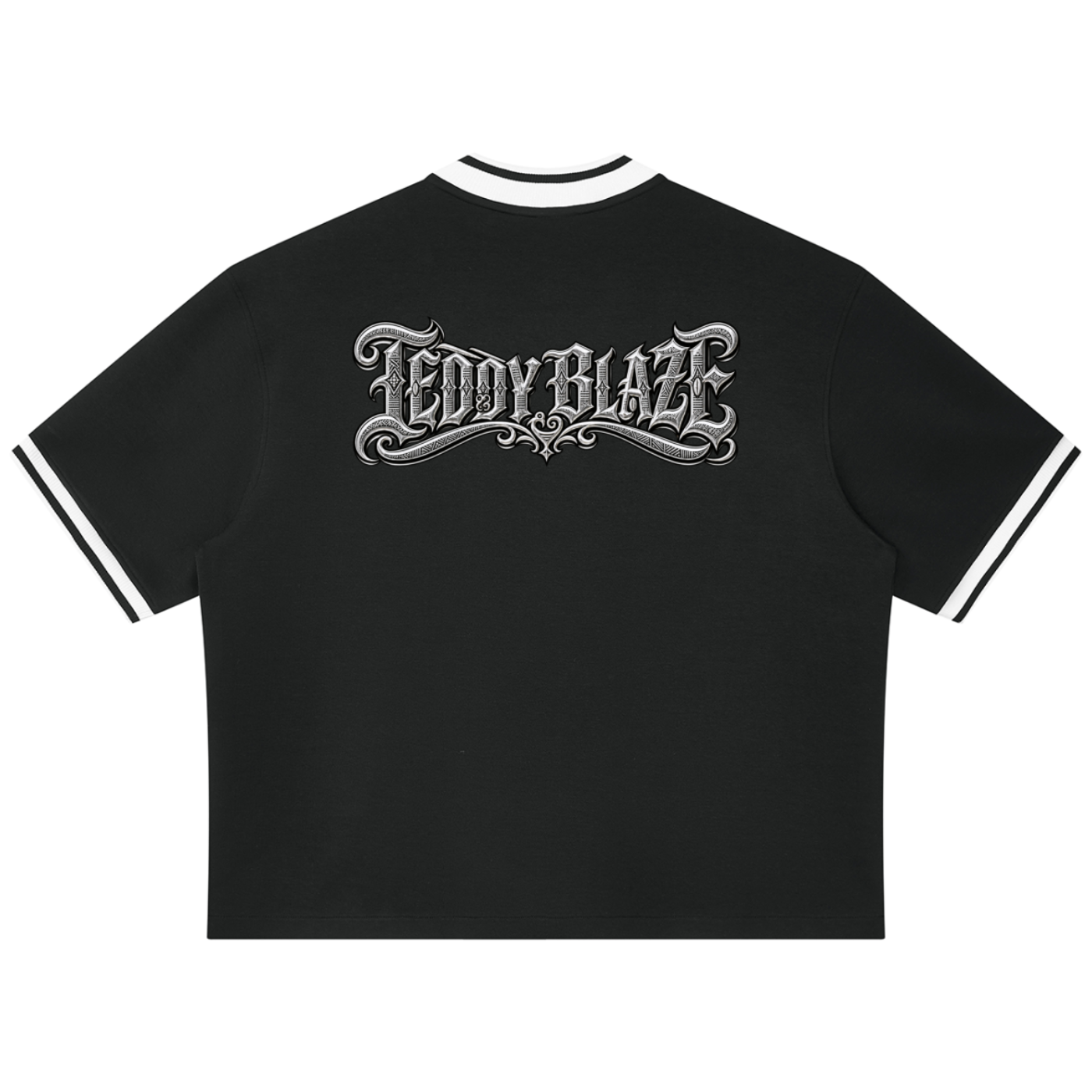 Black short-sleeve t-shirt with white and black striped ribbed collar and sleeve cuffs, featuring a large white gothic-style 'TEDDY BLAZE' logo printed across the chest.