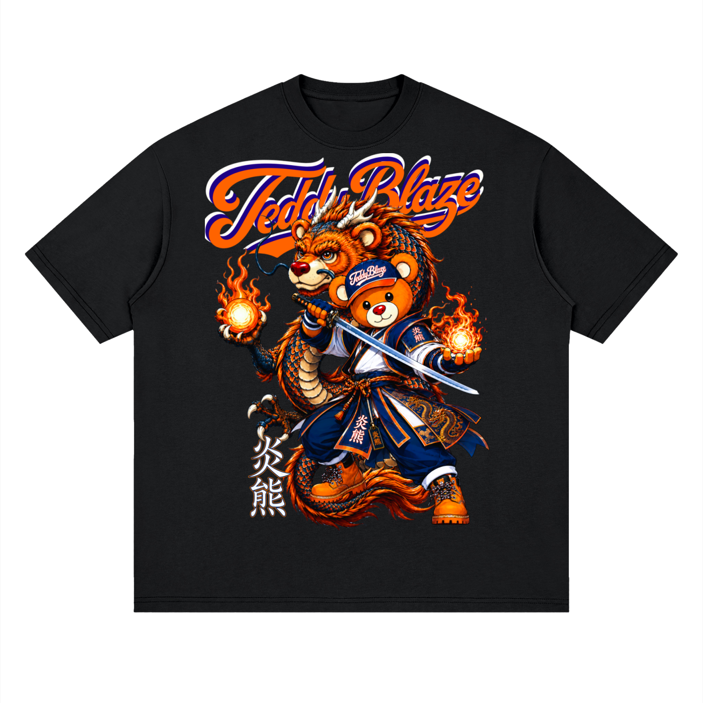A black short-sleeve crewneck t-shirt featuring a large graphic print of a cartoon bear wearing a blue samurai outfit and holding a sword, with flames on both sides. The text 'Teddy Blaze' is written above in orange and white, with vertical Japanese characters below.