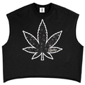 A black sleeveless crop top featuring a large white distressed cannabis leaf graphic on the front, displayed flat against a solid white background.