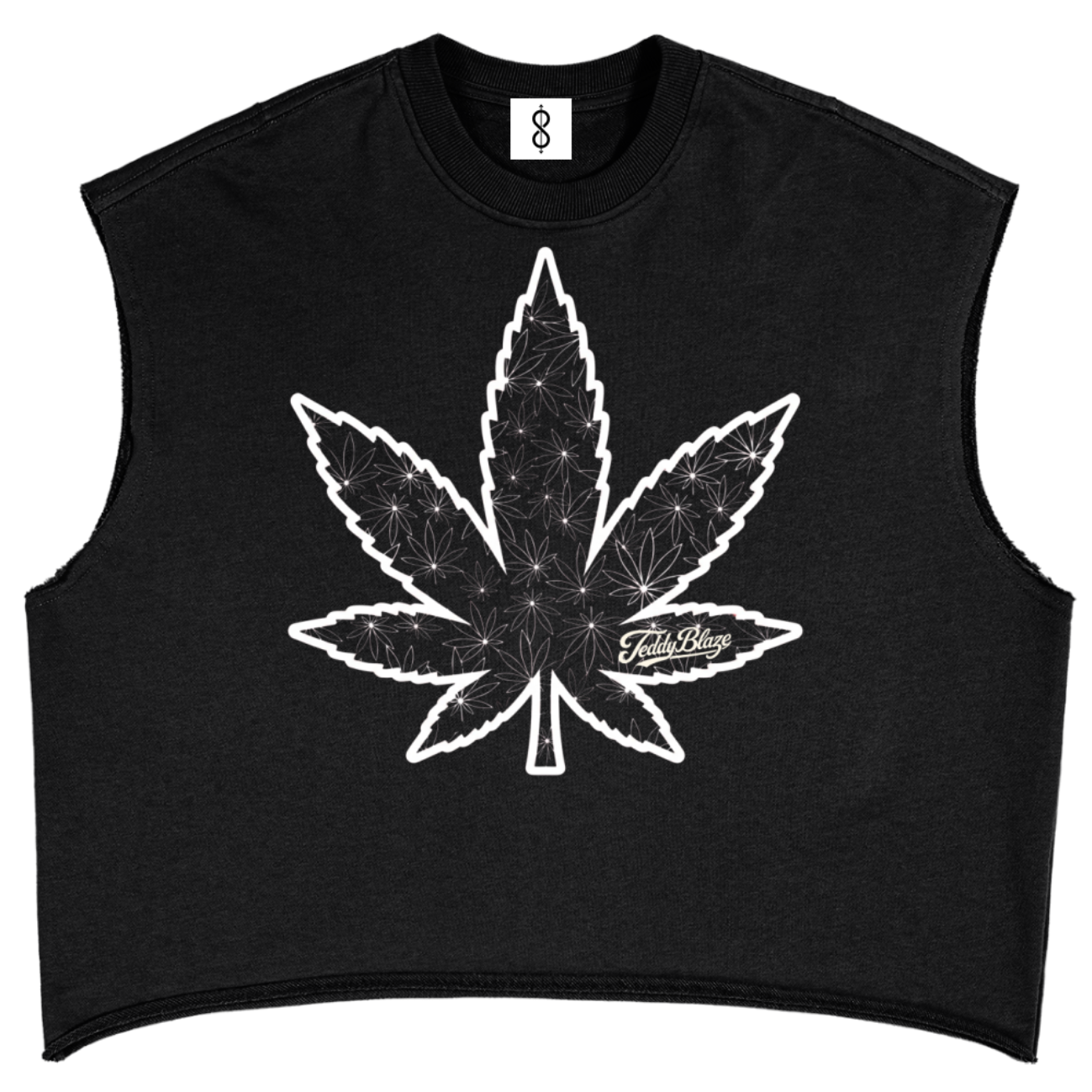 A black sleeveless crop top featuring a large white distressed cannabis leaf graphic on the front, displayed flat against a solid white background.