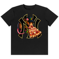 A black short-sleeve crewneck t-shirt featuring a central graphic of a cartoon rat wearing a black baseball cap and a gold chain, holding a slice of pepperoni pizza with the words 'TEDDY PLAZA' written on it. The graphic is set against a stylized gold and black New York Yankees 'NY' logo.