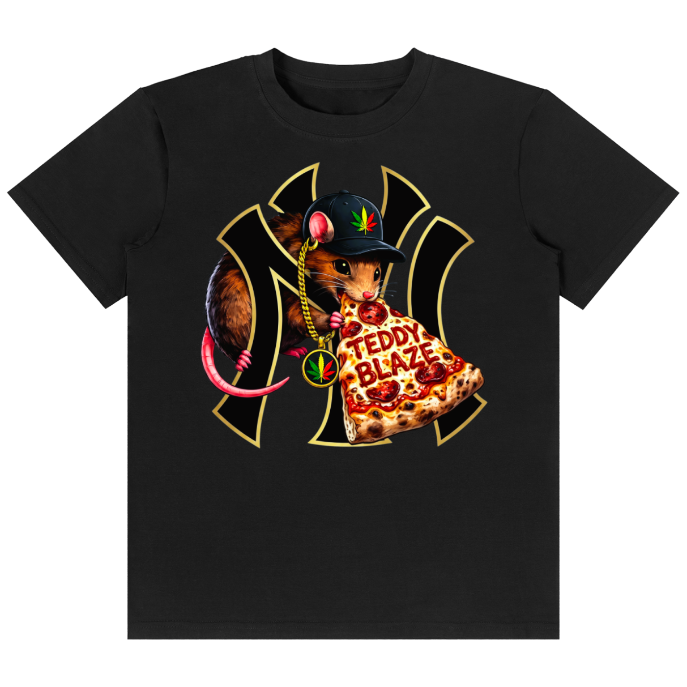 A black short-sleeve crewneck t-shirt featuring a central graphic of a cartoon rat wearing a black baseball cap and a gold chain, holding a slice of pepperoni pizza with the words 'TEDDY PLAZA' written on it. The graphic is set against a stylized gold and black New York Yankees 'NY' logo.