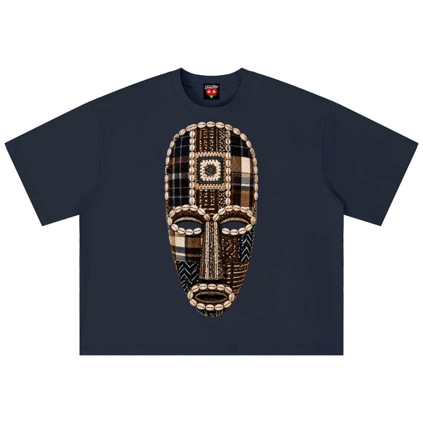 A navy blue short-sleeve t-shirt featuring a large, detailed graphic of a tribal-style mask on the chest. The mask is composed of beige, brown, and black plaid and geometric patterns.