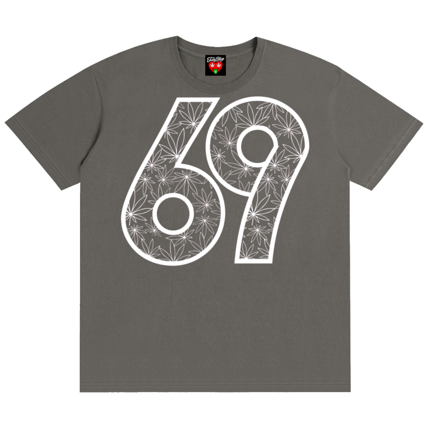 A dark gray crewneck t-shirt featuring a large white graphic of the numbers '69' filled with a white starburst pattern, shown on a plain white background.