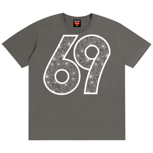 A dark gray crewneck t-shirt featuring a large white graphic of the numbers '69' filled with a white starburst pattern, shown on a plain white background.