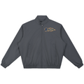 A dark gray zip-up jacket with a stand collar, elastic cuffs, and side pockets, featuring a stylized embroidered logo on the left chest in gold and navy blue, displayed on a solid white background.