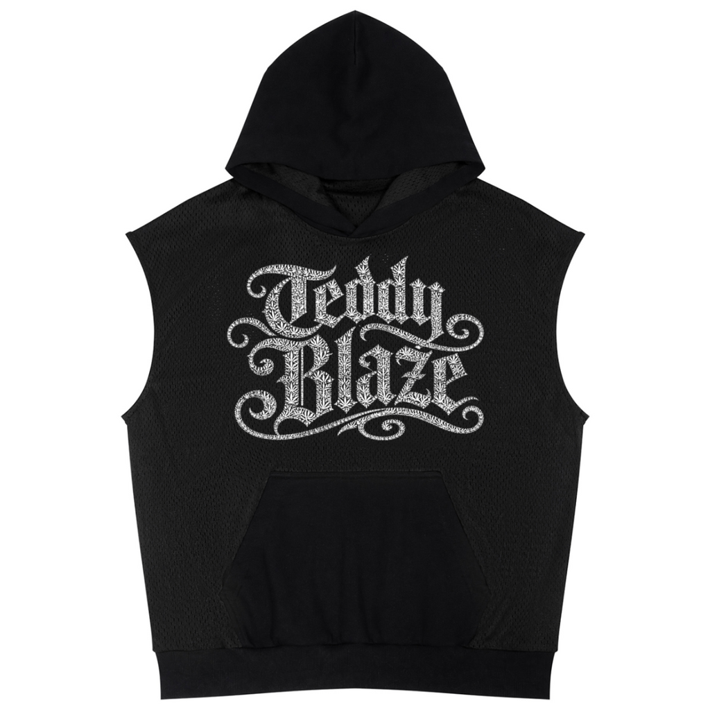A black sleeveless hooded sweatshirt with a large silver glittery 'Teddy Blaze' graphic printed on the chest, displayed against a solid white background.