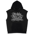 A black sleeveless hooded sweatshirt with a large silver glittery 'Teddy Blaze' graphic printed on the chest, displayed against a solid white background.