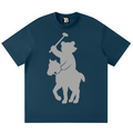 Navy blue t-shirt with a bear riding a horse and holding a polo mallet graphic on a white background.