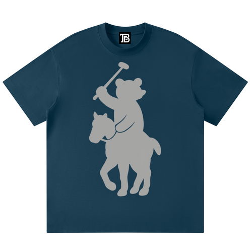 Navy blue t-shirt with a bear riding a horse and holding a polo mallet graphic on a white background.