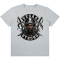 A heather gray short-sleeve crewneck t-shirt featuring a large graphic print on the front. The graphic depicts a bearded man wearing a Viking helmet, flanked by two crossed swords, with the words 'VEGAS STRONG' arched above and below in a black banner design.