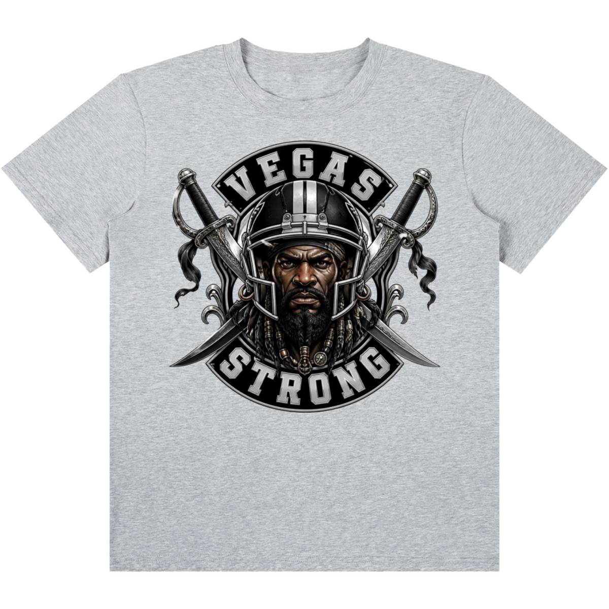 A heather gray short-sleeve crewneck t-shirt featuring a large graphic print on the front. The graphic depicts a bearded man wearing a Viking helmet, flanked by two crossed swords, with the words 'VEGAS STRONG' arched above and below in a black banner design.