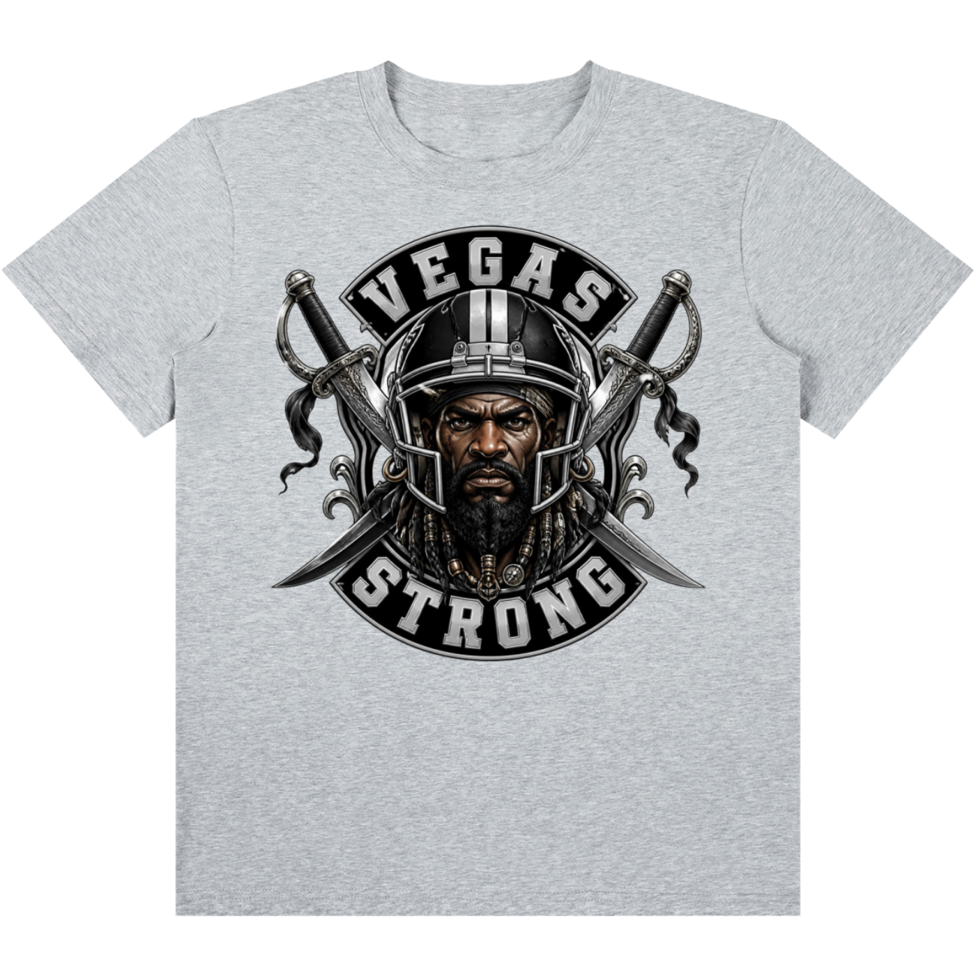 A heather gray short-sleeve crewneck t-shirt featuring a large graphic print on the front. The graphic depicts a bearded man wearing a Viking helmet, flanked by two crossed swords, with the words 'VEGAS STRONG' arched above and below in a black banner design.