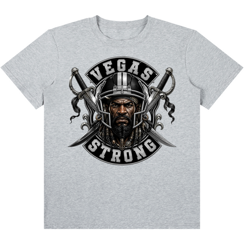 A heather gray short-sleeve crewneck t-shirt featuring a large graphic print on the front. The graphic depicts a bearded man wearing a Viking helmet, flanked by two crossed swords, with the words 'VEGAS STRONG' arched above and below in a black banner design.