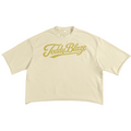 A cream-colored short-sleeve crop top t-shirt featuring the brand name 'TeddyBlaze' printed across the chest in a gold cursive font, displayed against a solid white background.