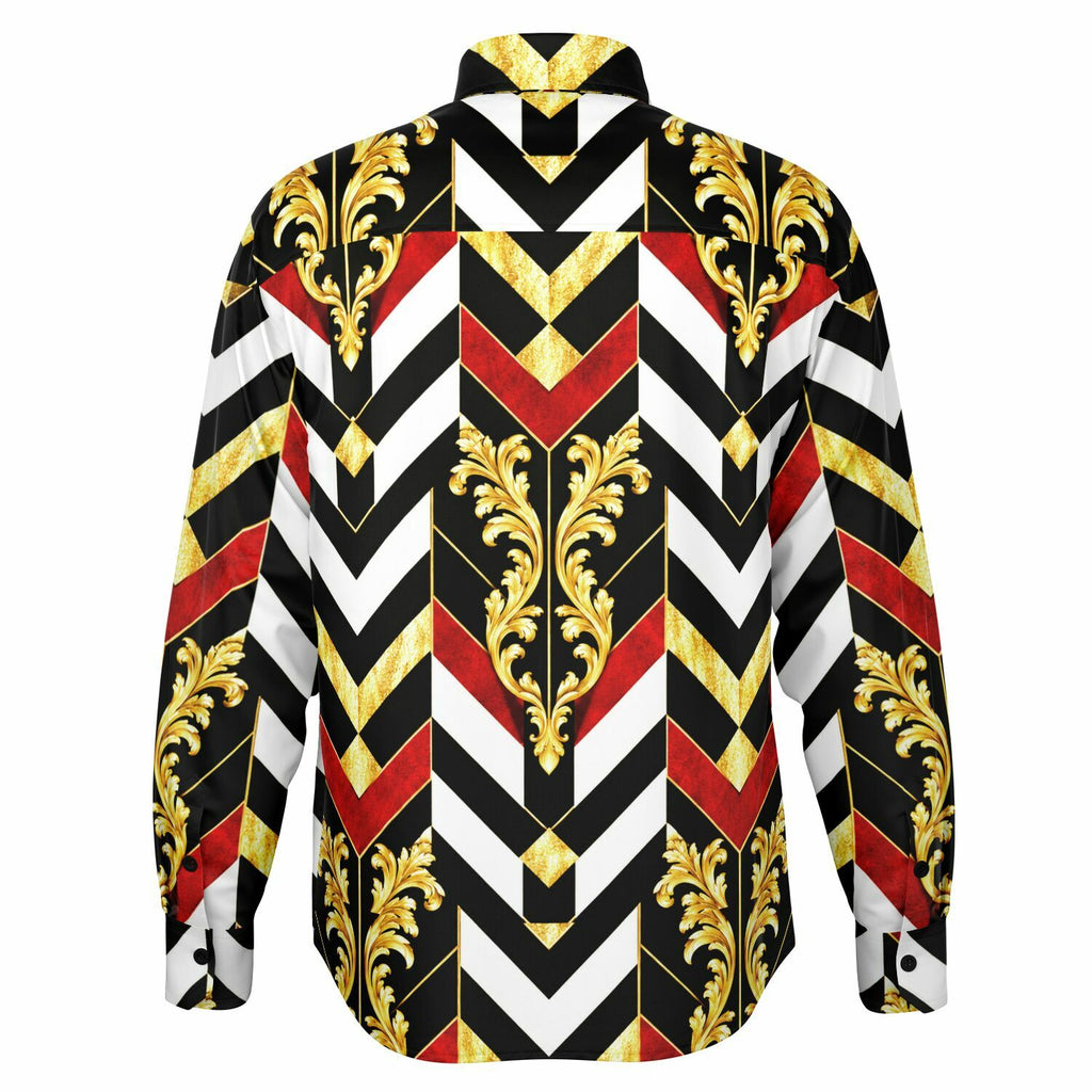 baroque chevron shirt, gold baroque button down, mens silk feel poplin shirt, Teddy Blaze button up, luxury graphic dress shirt, IRON AND IVY collection, Black owned luxury streetwear, 100 polyester poplin shirt, executive lounge button down, gold and red luxury shirt