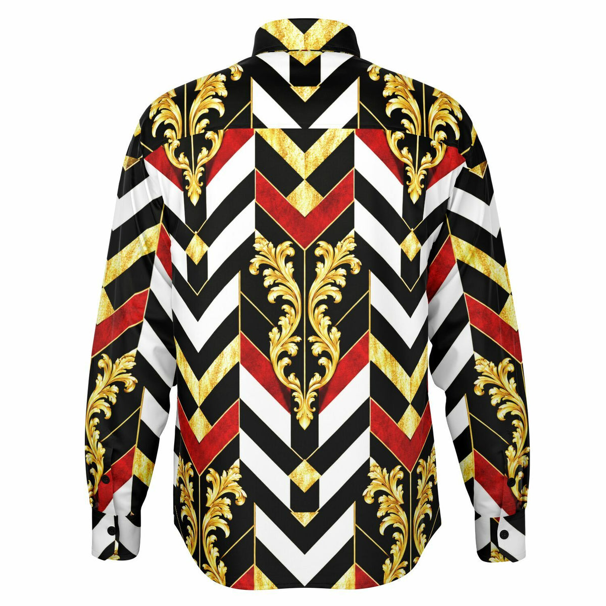 baroque chevron shirt, gold baroque button down, mens silk feel poplin shirt, Teddy Blaze button up, luxury graphic dress shirt, IRON AND IVY collection, Black owned luxury streetwear, 100 polyester poplin shirt, executive lounge button down, gold and red luxury shirt