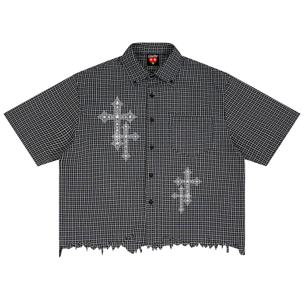 Signature Cross Distressed Plaid Boxy Camp Shirt | VERY TEDDY