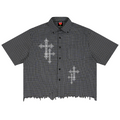 Signature Cross Distressed Plaid Boxy Camp Shirt | VERY TEDDY