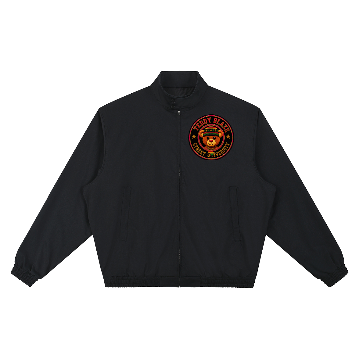 A black zip-up jacket with a stand collar, laid flat against a white background. It features a circular embroidered patch on the left chest depicting a bear wearing a helmet and the text 'HARD WORK NEVER TAPS AT ZERO'.