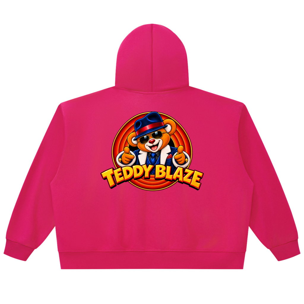 Elevate your vibrant streetwear layers with the House of Teddy Blaze Mr Blaze Jumbo Zip Box Cut Hoodie. Hot pink 345 gsm fleece, oversized chunky zipper, and suit-and-fedora bear graphics. Shop NYC to Vegas style.