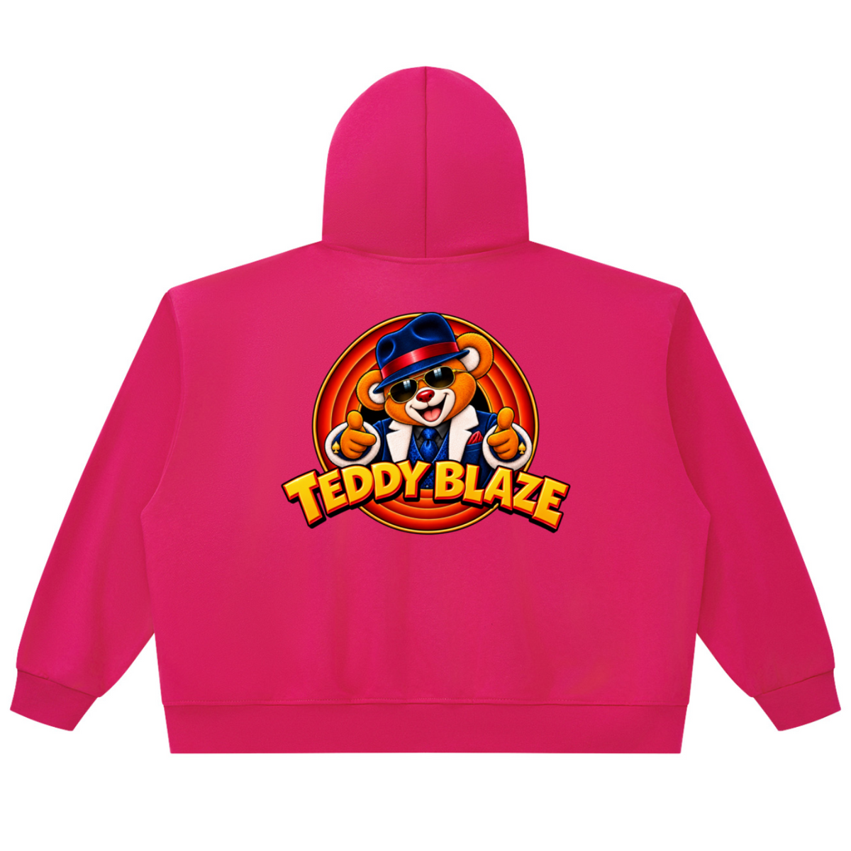 Elevate your vibrant streetwear layers with the House of Teddy Blaze Mr Blaze Jumbo Zip Box Cut Hoodie. Hot pink 345 gsm fleece, oversized chunky zipper, and suit-and-fedora bear graphics. Shop NYC to Vegas style.