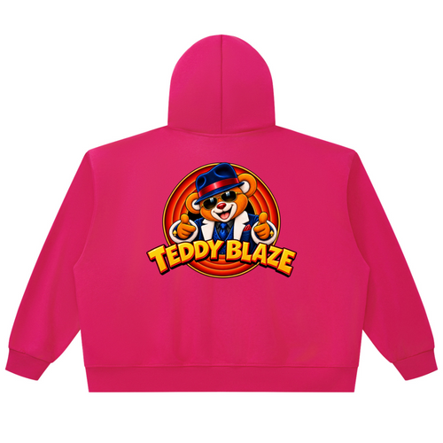 Elevate your vibrant streetwear layers with the House of Teddy Blaze Mr Blaze Jumbo Zip Box Cut Hoodie. Hot pink 345 gsm fleece, oversized chunky zipper, and suit-and-fedora bear graphics. Shop NYC to Vegas style.