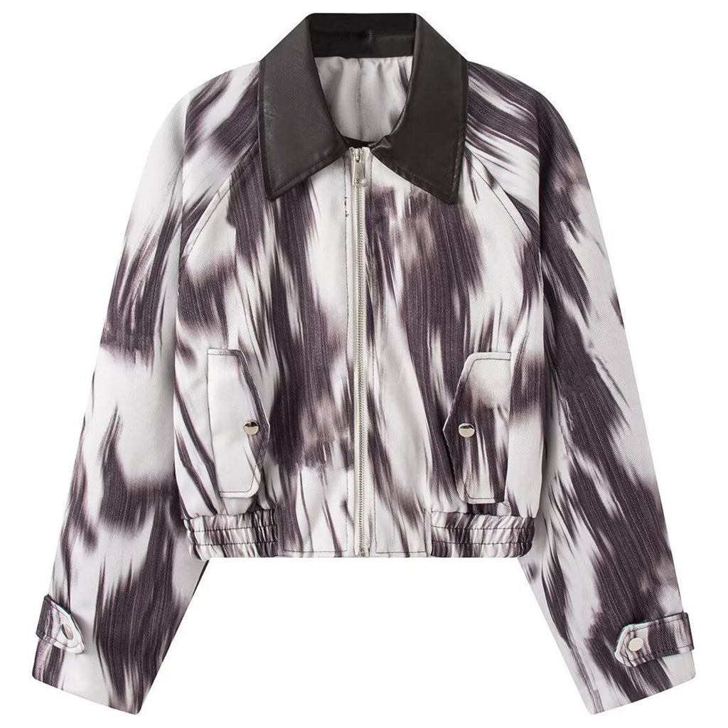 Shop the Iron + Ivy Abstract Ikat Leatherette Collar Bomber Jacket by Teddy Blaze. Women’s cropped woven bomber featuring a monochrome ikat streak print and black PU leather collar.