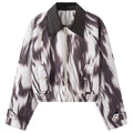 Shop the Iron + Ivy Abstract Ikat Leatherette Collar Bomber Jacket by Teddy Blaze. Women’s cropped woven bomber featuring a monochrome ikat streak print and black PU leather collar.
