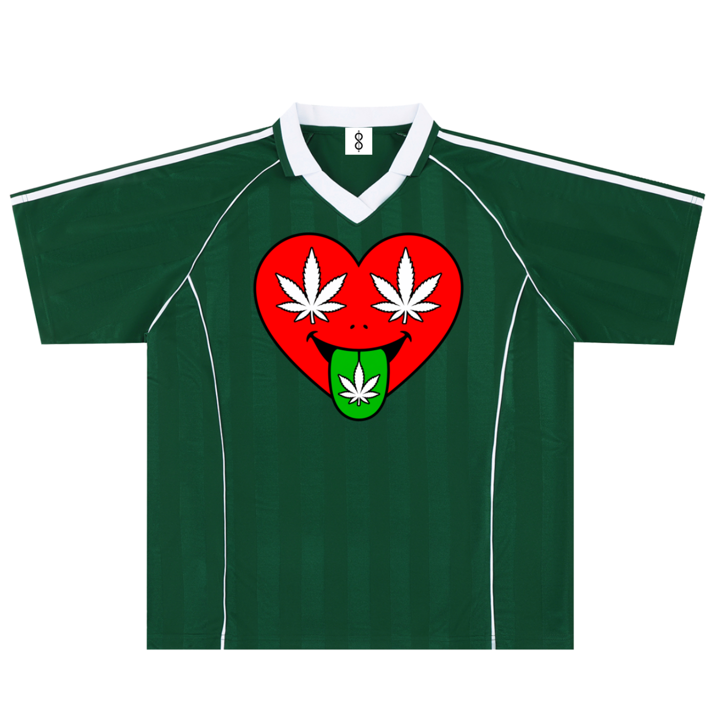 A dark green short-sleeve soccer-style jersey with a white V-neck collar, white shoulder stripes, and a large chest graphic of a red heart with white cannabis leaves and a green tongue.