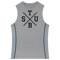 A sleeveless heather gray athletic tank top with a black graphic on the chest featuring the letters T, S, U, B arranged around an intersecting X, and light gray side panels with thin black piping.