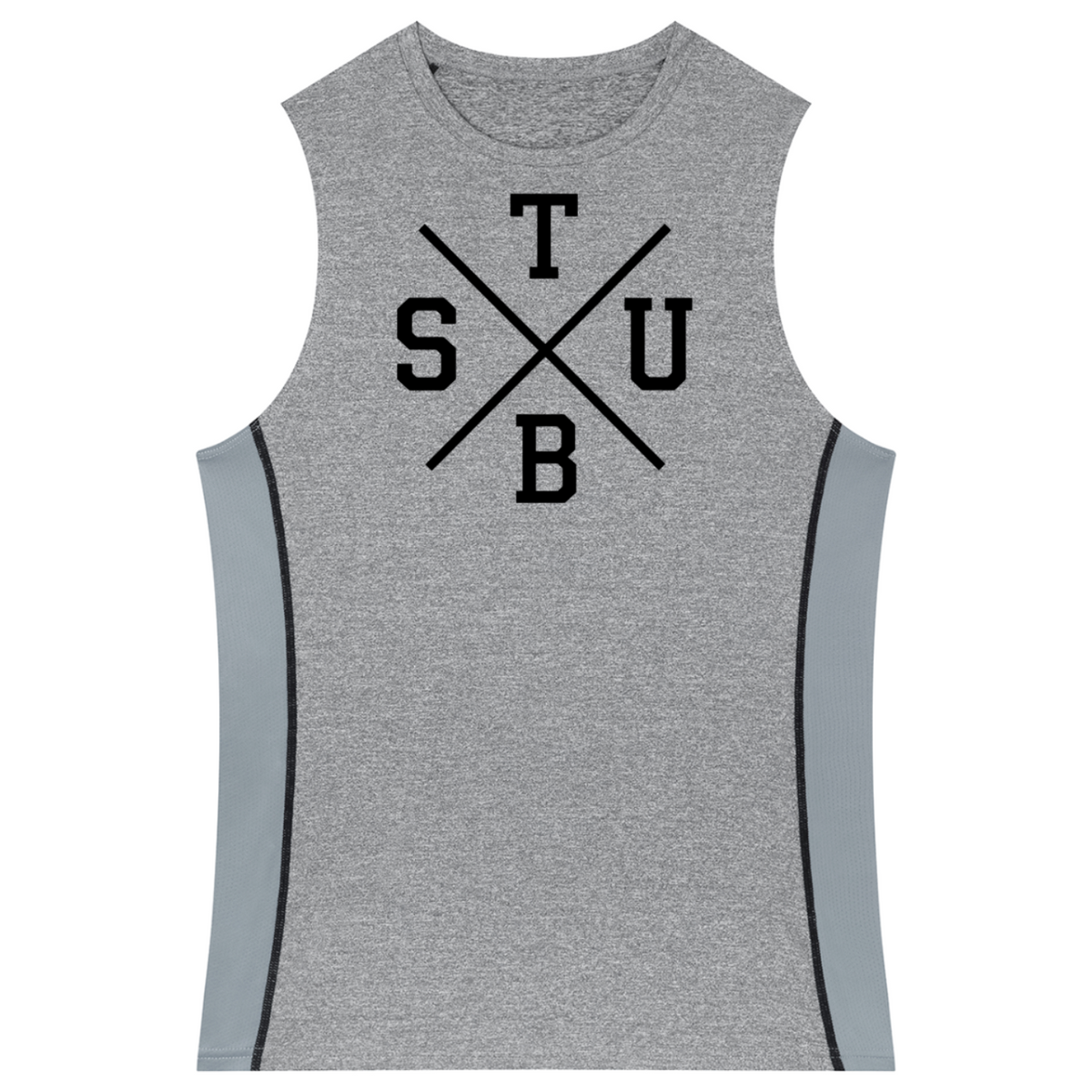 A sleeveless heather gray athletic tank top with a black graphic on the chest featuring the letters T, S, U, B arranged around an intersecting X, and light gray side panels with thin black piping.