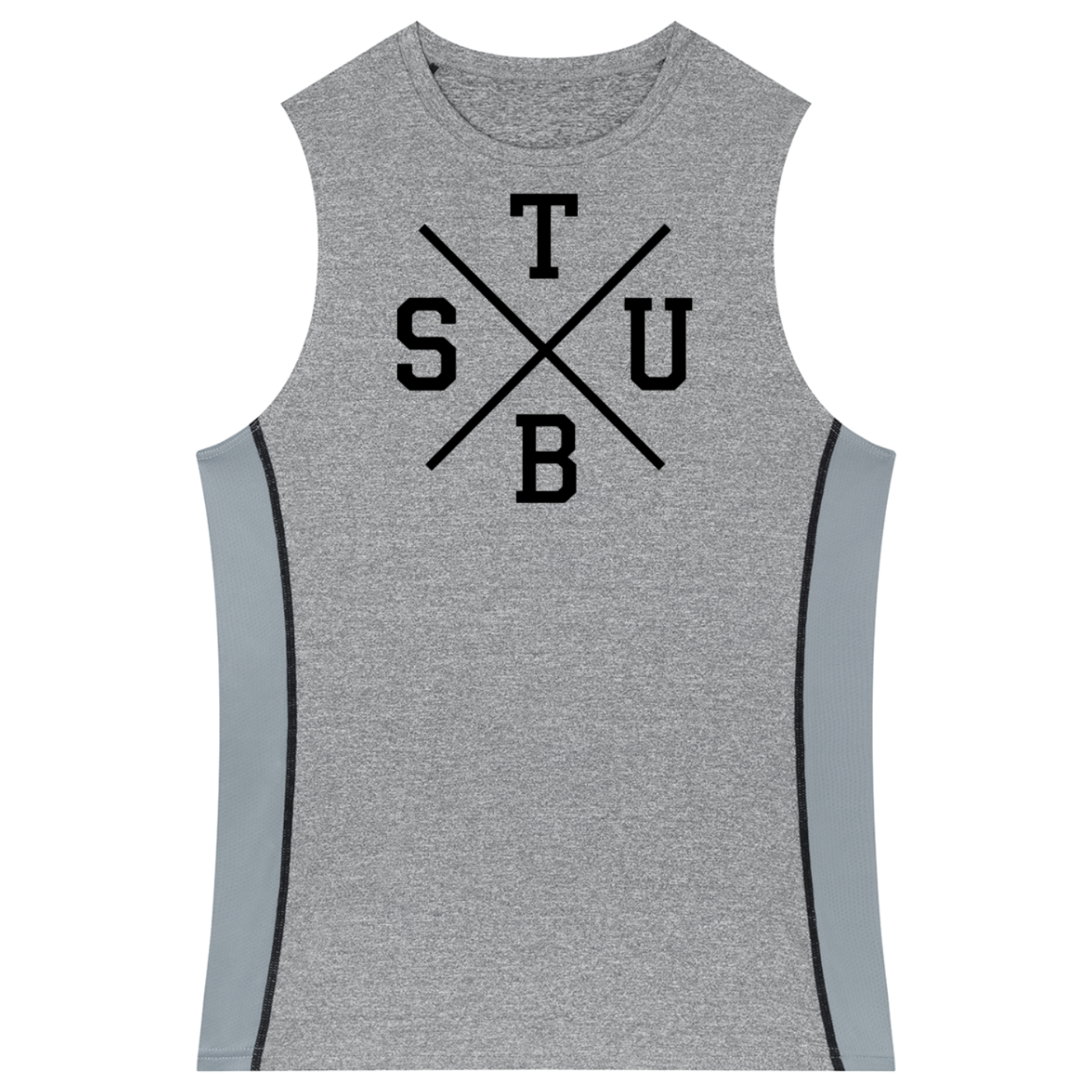 A sleeveless heather gray athletic tank top with a black graphic on the chest featuring the letters T, S, U, B arranged around an intersecting X, and light gray side panels with thin black piping.