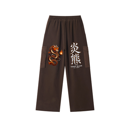 Kanji Dragon Sunfade Washed Wide Leg Cargo Pants | The TBX Chelsea Collection