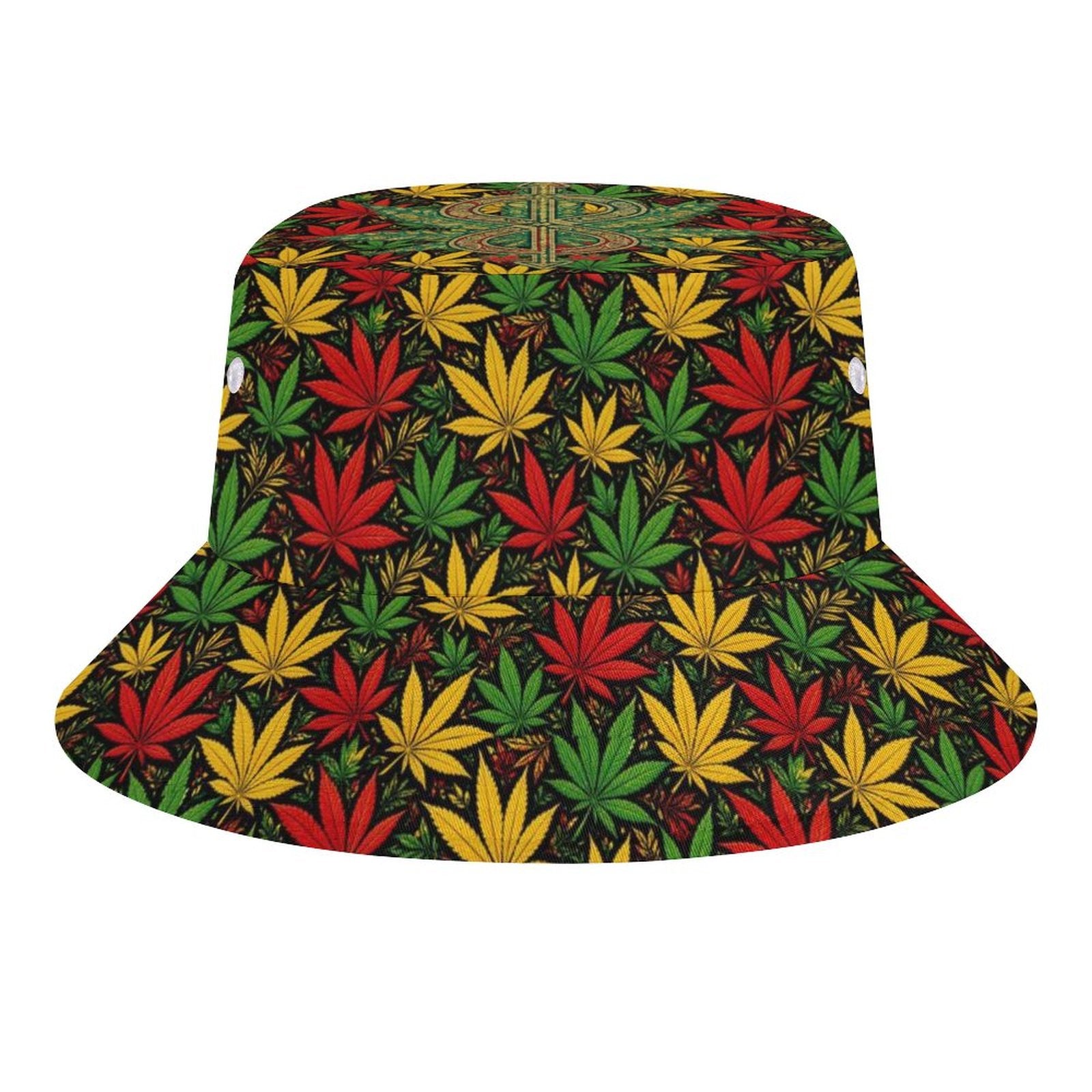 A bucket hat featuring an all-over repeating pattern of cannabis leaves in red, green, and yellow on a black background, shown against a plain white studio backdrop.