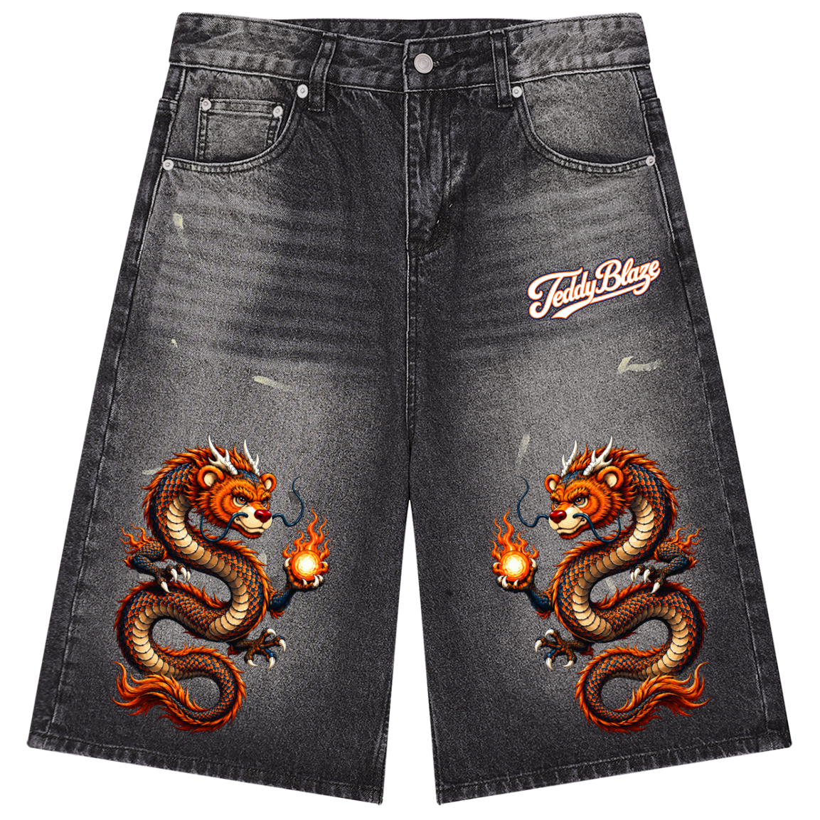 Signature Dragon Vintage Wash Wide Leg Denim Shorts | AFRO ANIME