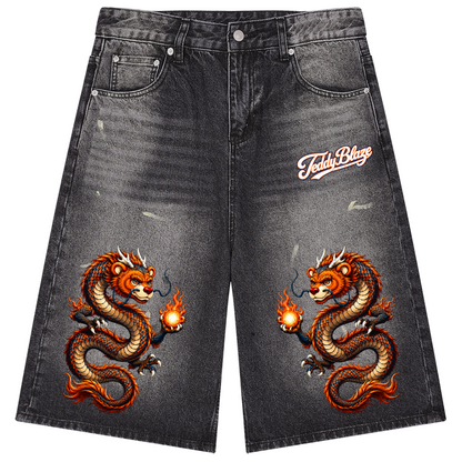 Signature Dragon Vintage Wash Wide Leg Denim Shorts | AFRO ANIME