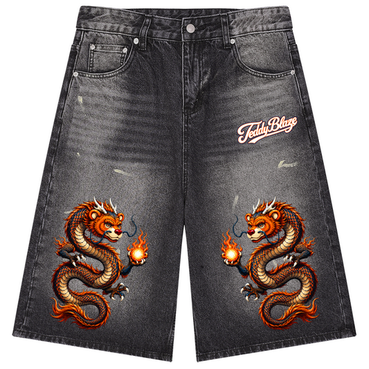 Signature Dragon Vintage Wash Wide Leg Denim Shorts | AFRO ANIME