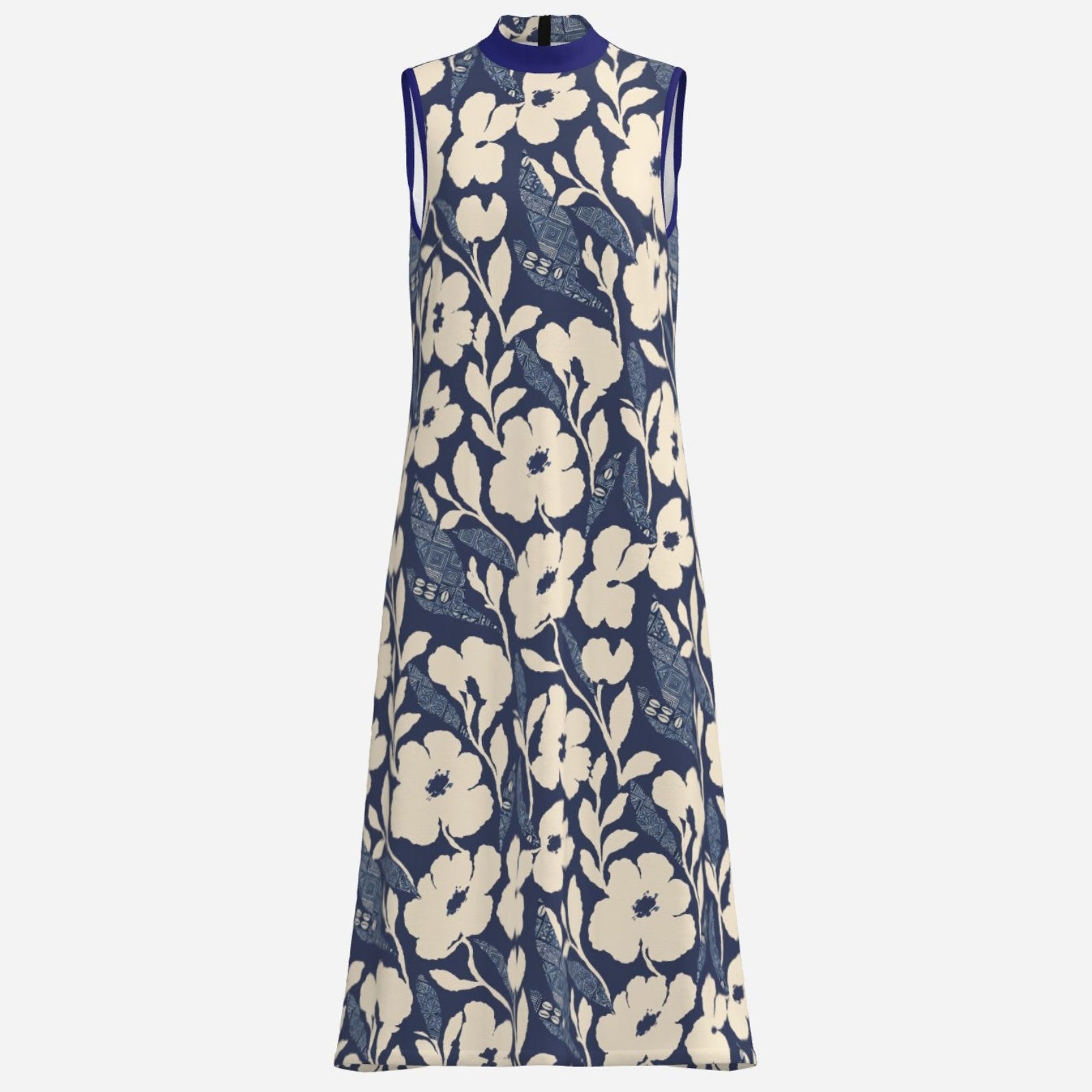 Teddy Blaze Adire floral A-line dress featuring an indigo and cream textile design, high neckline, ankle length silhouette, and Black Ivy elegance.