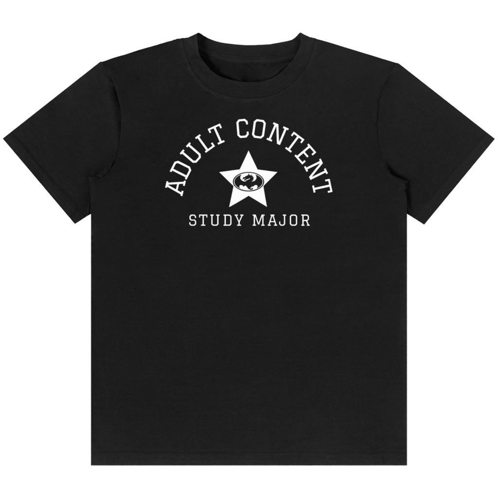 Shop the Adult Content Study Major Classic Tee by Teddy Blaze. 180 GSM cotton-spandex stretch tee with collegiate graphic print from the TOPS line of The Mature Mocha Collection.