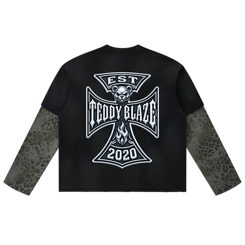 Shop the Mr. Teddy Blaze Vintage Wash Leopard Layered Cotton Jumper by Teddy Blaze. 310 gsm cotton sweatshirt with faux leopard inner sleeves, biker bear, and back crest.