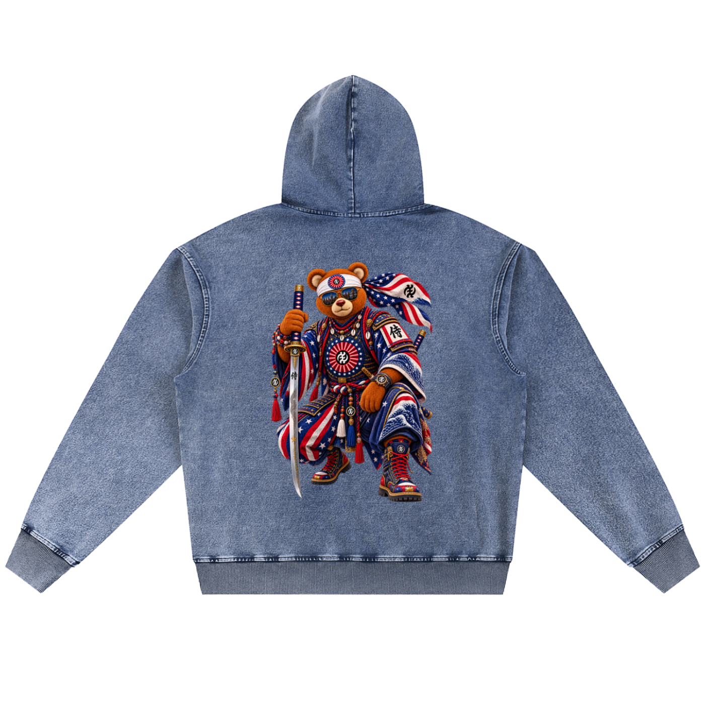 Shop the Teddy Blaze Brand Rising Snow Wash Oversized Denim Hooded Jumper featuring bold Brand Rising graphics, Teddy Blaze Samurai artwork and a heavyweight oversized fit.