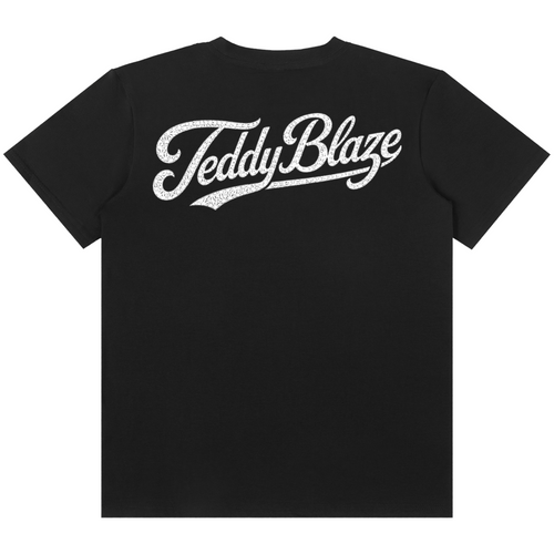 A black short-sleeve t-shirt with 'TeddyBlaze' printed across the chest in a white cursive script with a distressed texture, shown against a plain white background.