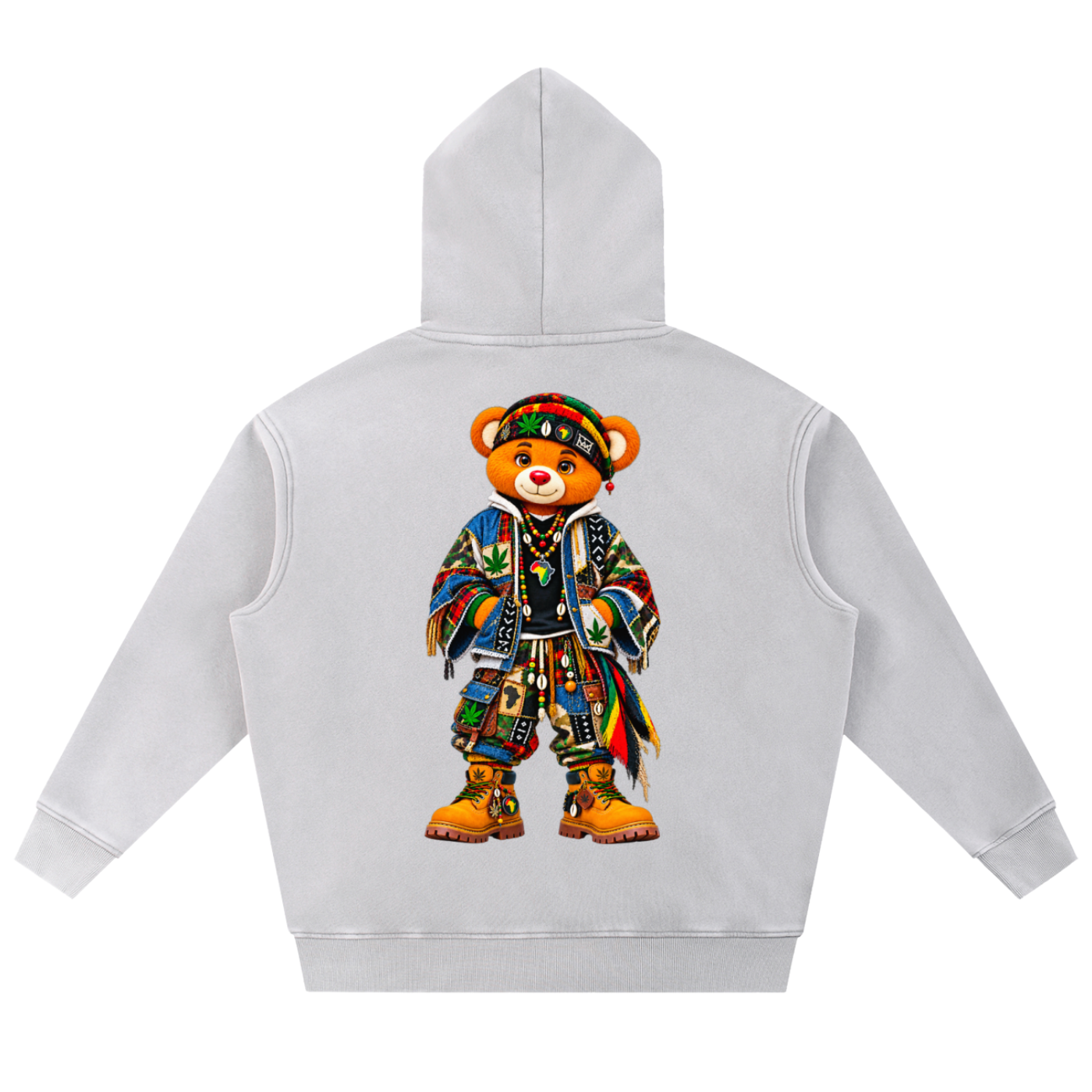 A light gray hoodie shown from the back, featuring a large graphic of a teddy bear wearing a colorful, patterned outfit and headband.