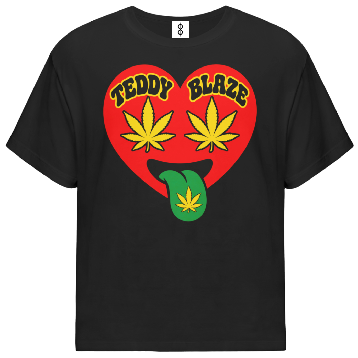 A black short-sleeve t-shirt with a graphic on the chest featuring a red heart, yellow cannabis leaves, the text 'TEDDY BLAZE', and a green tongue with a cannabis leaf, shown on a plain white background.