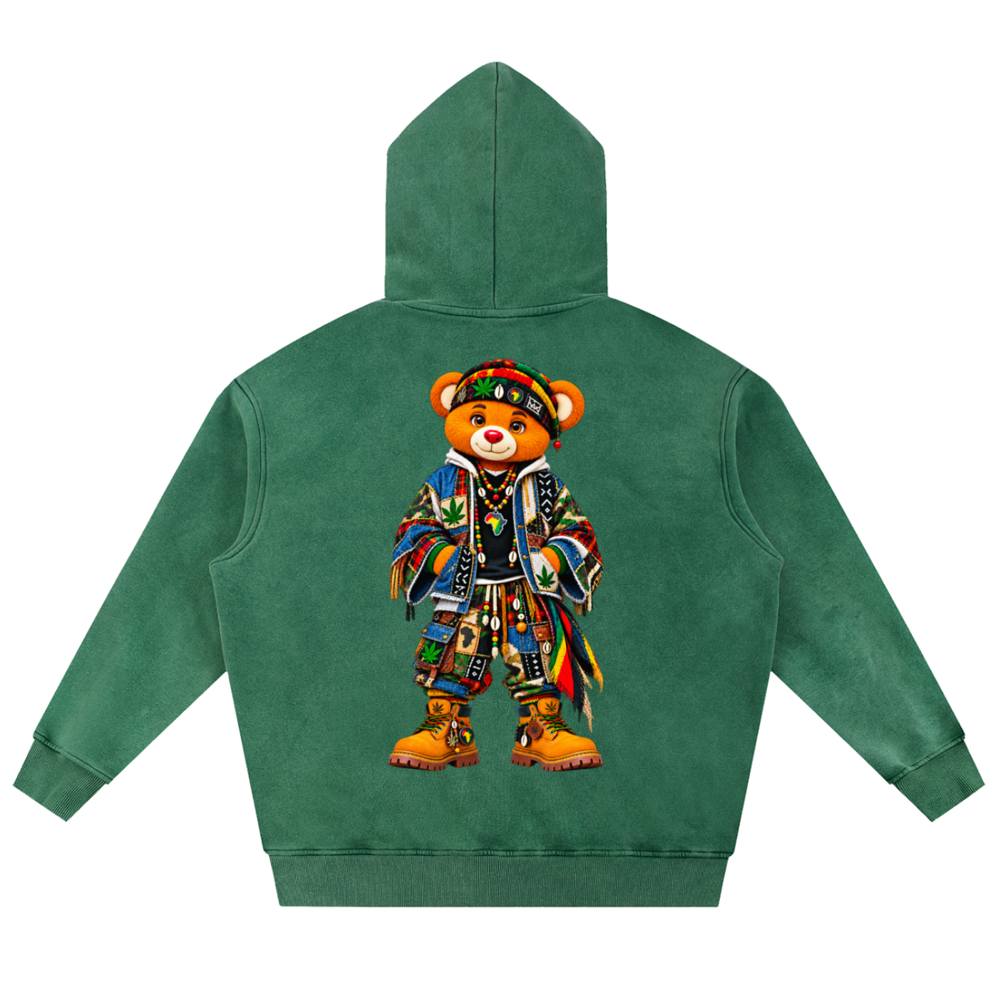 A green hooded sweatshirt shown from the back, featuring a large graphic of a teddy bear dressed in colorful patterned clothing and boots.